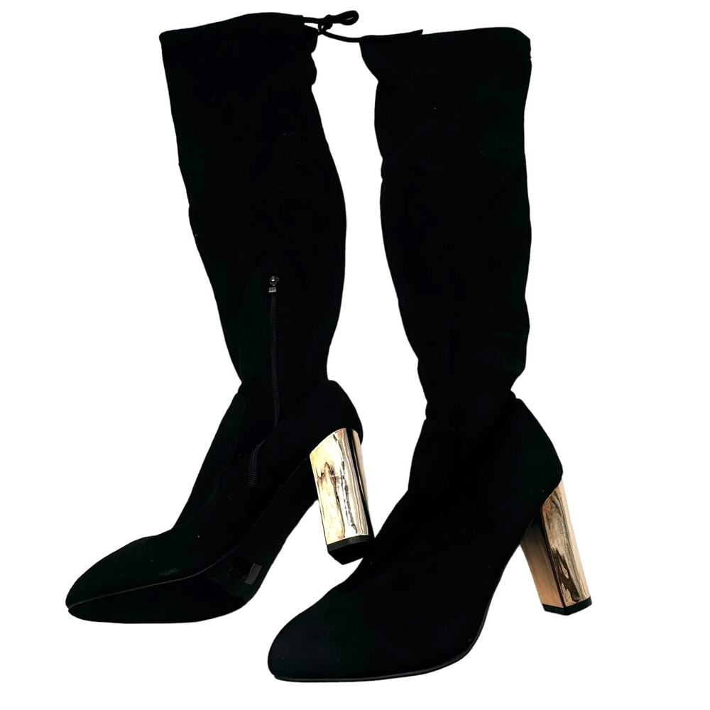 AMI CLUBWEAR Size 11 Black Faux Suede Over The Knee Chunky Shiny Gold Heel Boots